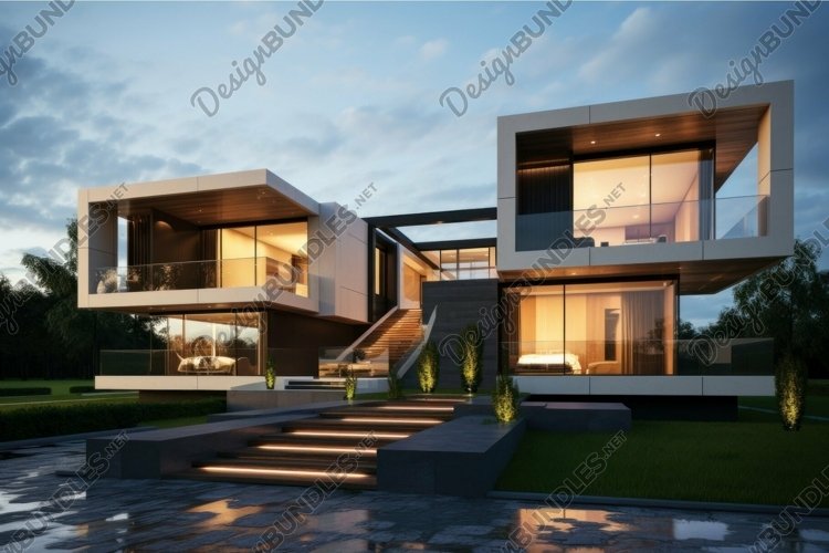 Modern luxury home exterior at twilight example image 1