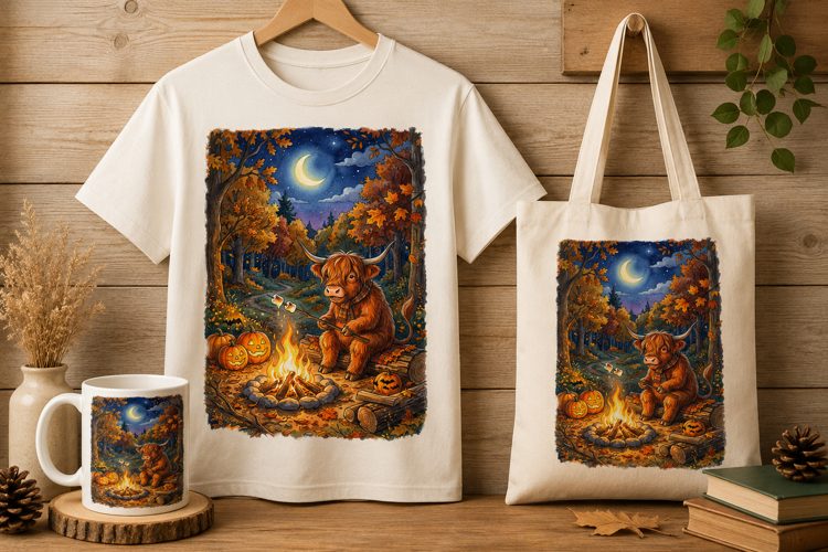 Highland Cow Roasting Marshmallow Fall Campfire Art Print