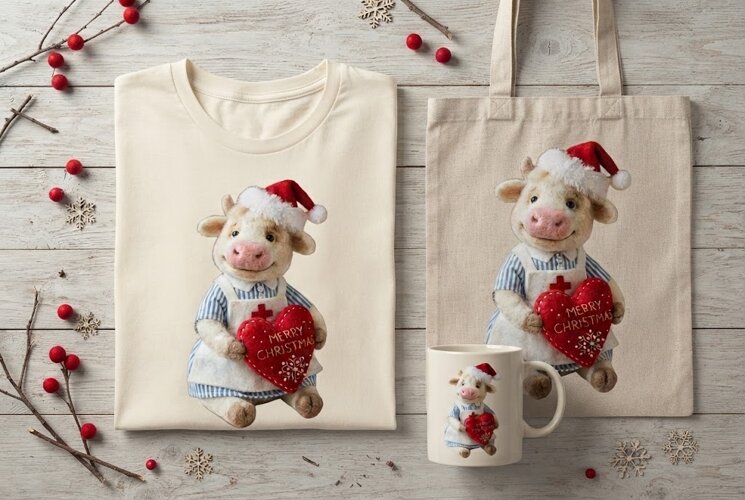 Felted Nurse Cow Merry Christmas Heart Holiday Art Print example image 1