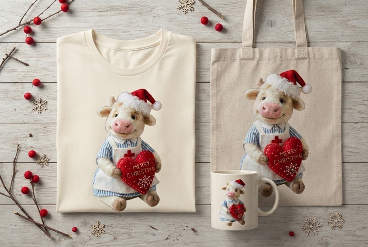 Felted Nurse Cow Merry Christmas Heart Holiday Art Print
