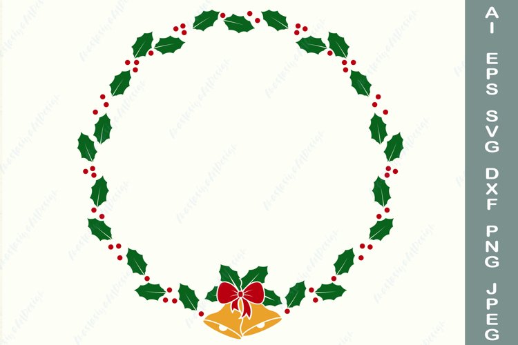 Christmas wreath with bell and bow svg, Holly frame dxf example image 1