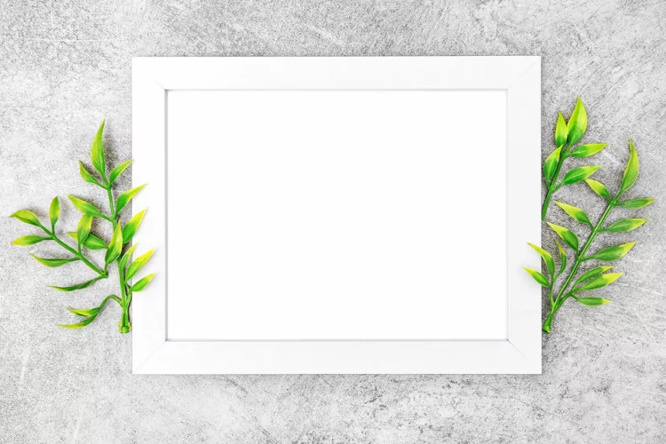 Mockup white frame template floral flat lay stock photo