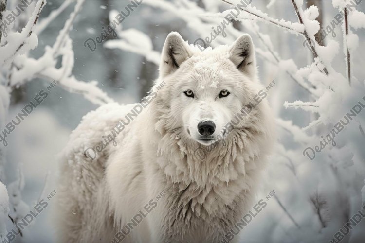 Majestic white wolf in snowy forest