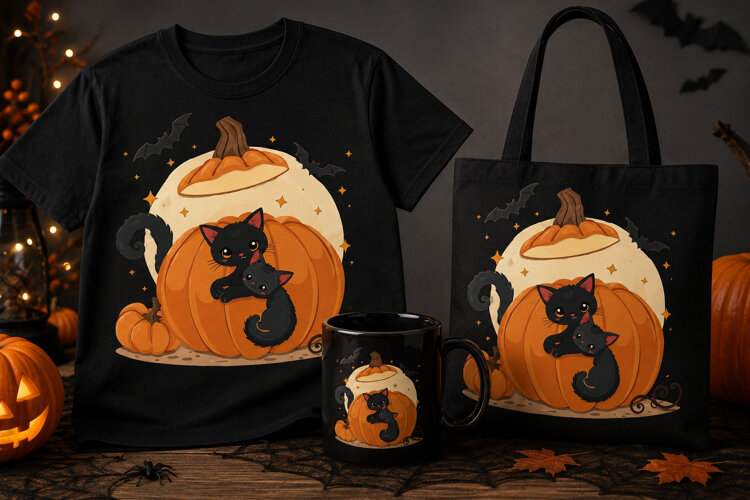Halloween Black Cat PNG | Cute Cats & Pumpkin Clipart example image 1