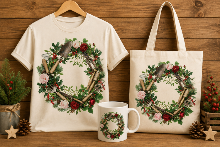 Vintage Gardening Tools and Roses Christmas Wreath Art