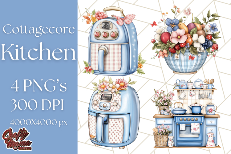 Blue Cottagecore Kitchen Clipart, Vintage Country Floral Png