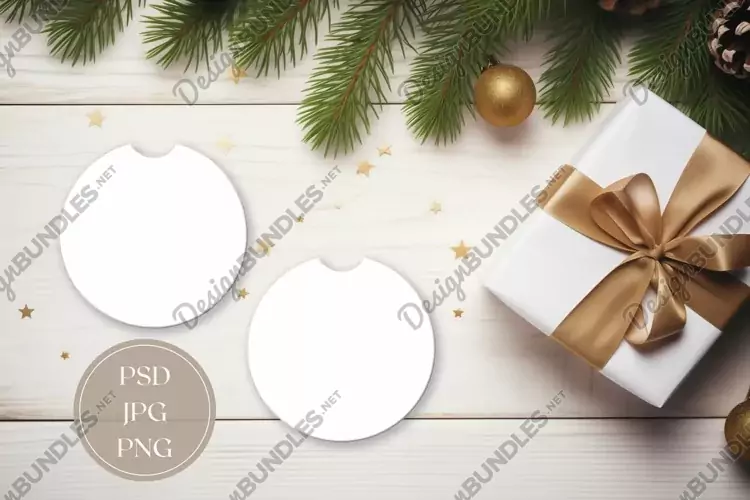 Christmas Car Coasters Mock Up, Wooden Table Flat Lay