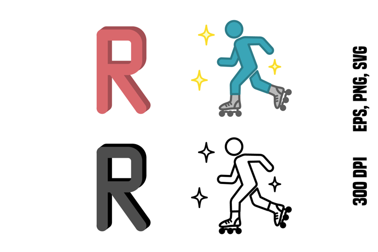 Letter R and Rollerblading. Color and Line
