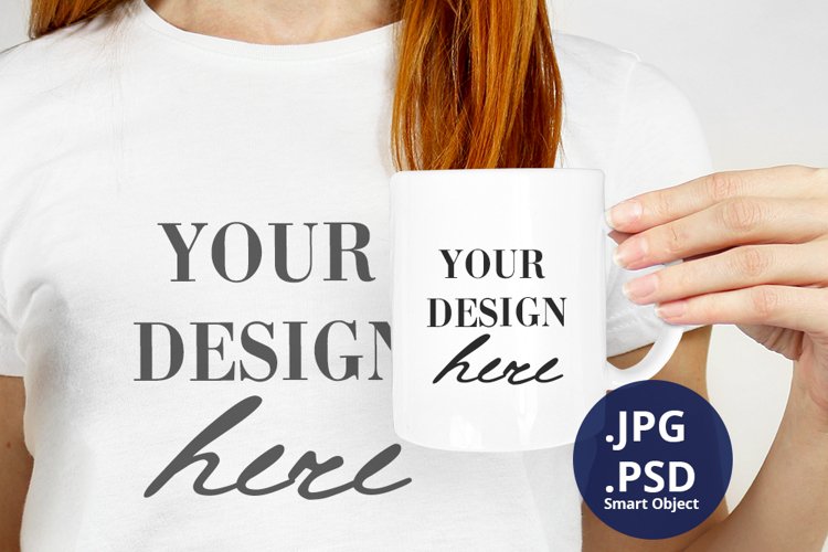 T-shirt   Mug mockup with model, Woman holding mug mockup