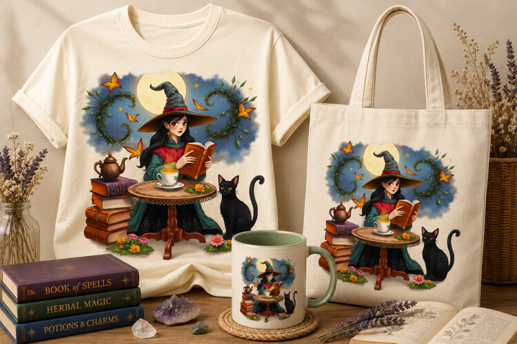 Witch Reading Book PNG with Black Cat | Halloween Clipart example image 1