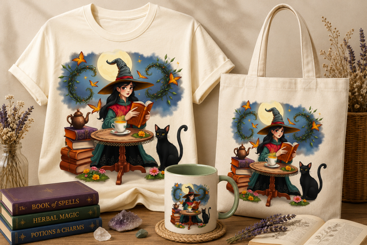 Witch Reading Book PNG with Black Cat | Halloween Clipart