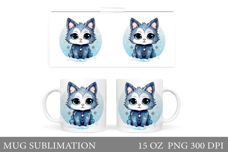 Winter Cat Mug Wrap Sublimation. Cute Cat Mug Design example image 1