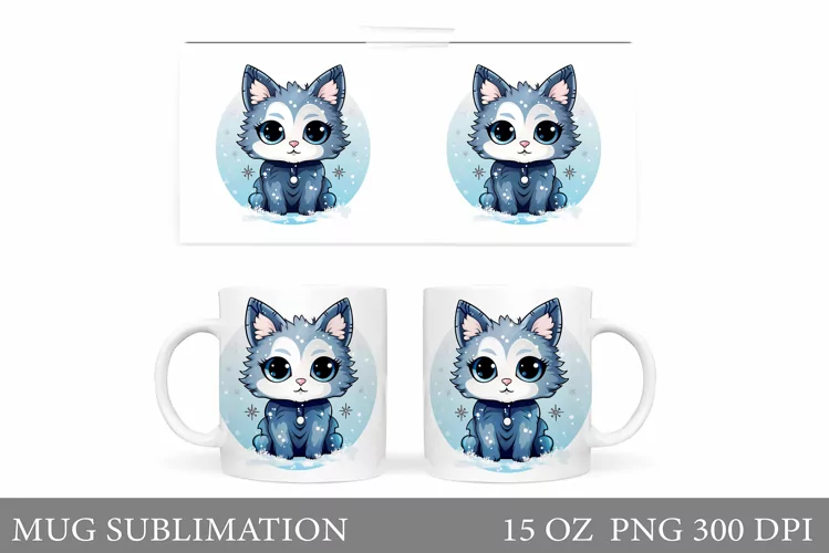 Winter Cat Mug Wrap Sublimation. Cute Cat Mug Design