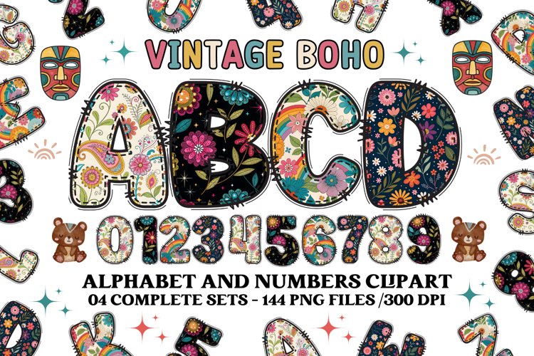 Vintage Boho Alphabet png clipart, boho letters doodle