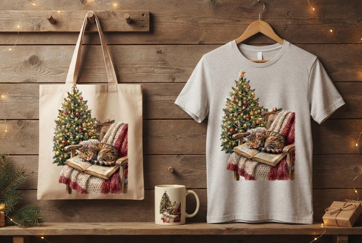 Sleeping Tabby Cat on Book Christmas Art Print PNG