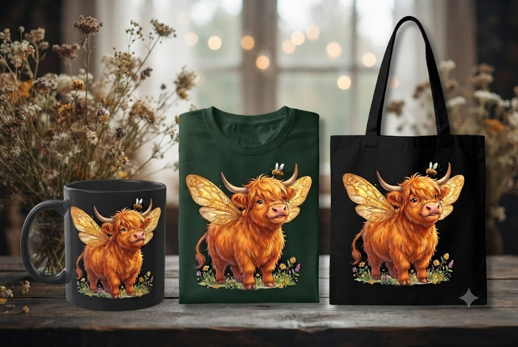 Fairy Highland Cow PNG | Magical Bee Wings Cow Clipart