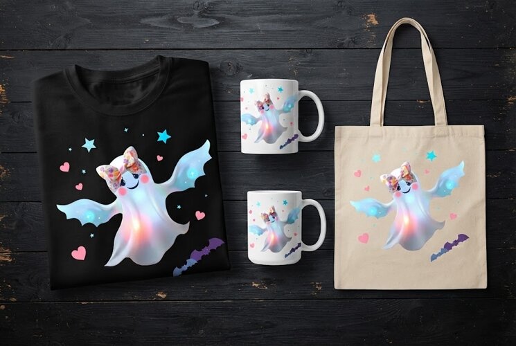 Cute Ghost Halloween Design with Floral Bow and Stars example image 1