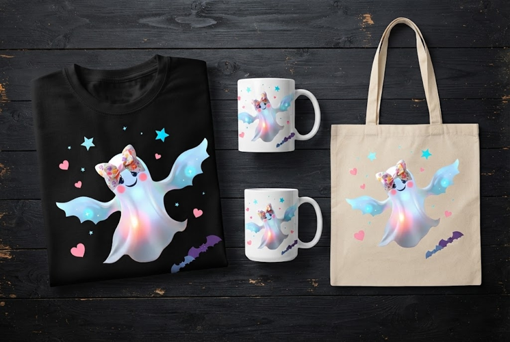 Cute Ghost Halloween Design with Floral Bow and Stars