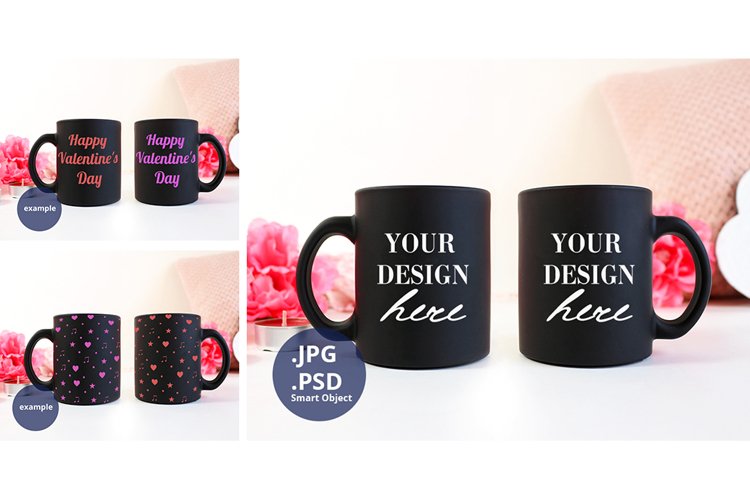 Two Black Coffee Mugs Mockup Valentine's Day Full Wrap PSD example image 1