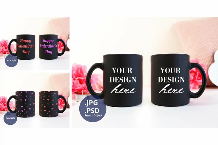 Two Black Coffee Mugs Mockup Valentine's Day Full Wrap PSD