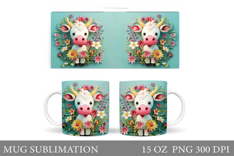 3D Cow Mug Sublimation. Flowers Mug Wrap Design example image 1
