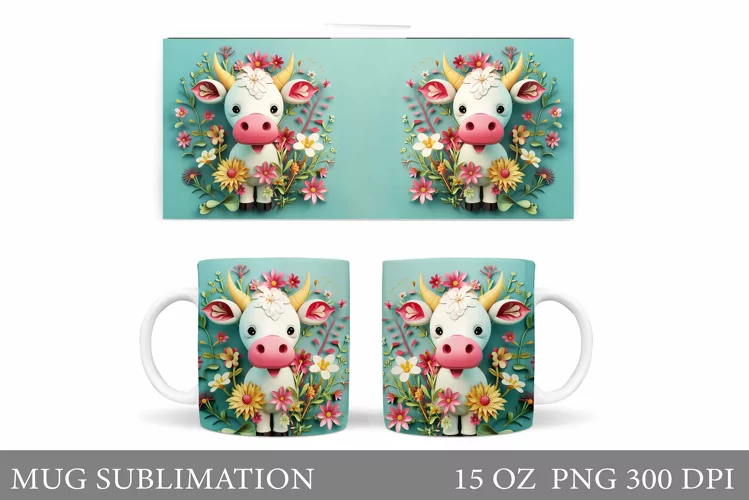 3D Cow Mug Sublimation. Flowers Mug Wrap Design