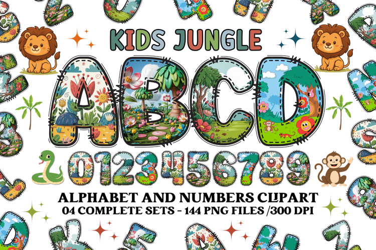 Kids Jungle Alphabet clipart, kids jungle letters doodle