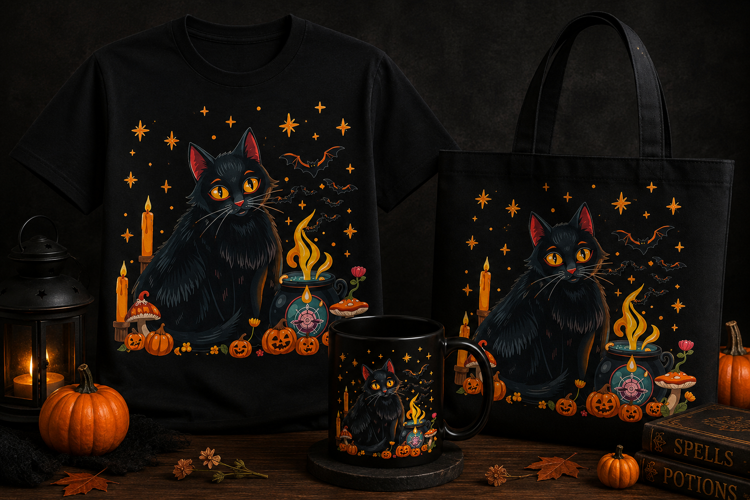 Halloween Black Cat PNG | Witchy Cat Pumpkin Cauldron Design