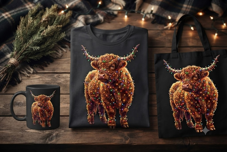 Christmas Highland Cow PNG, Holiday Lights Cow Clipart
