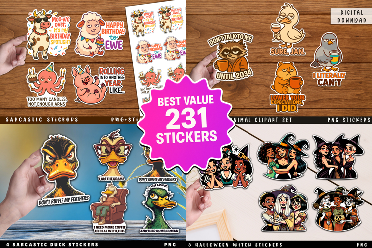 Funny animal stickers bundle, Halloween stickers, Sarcasm