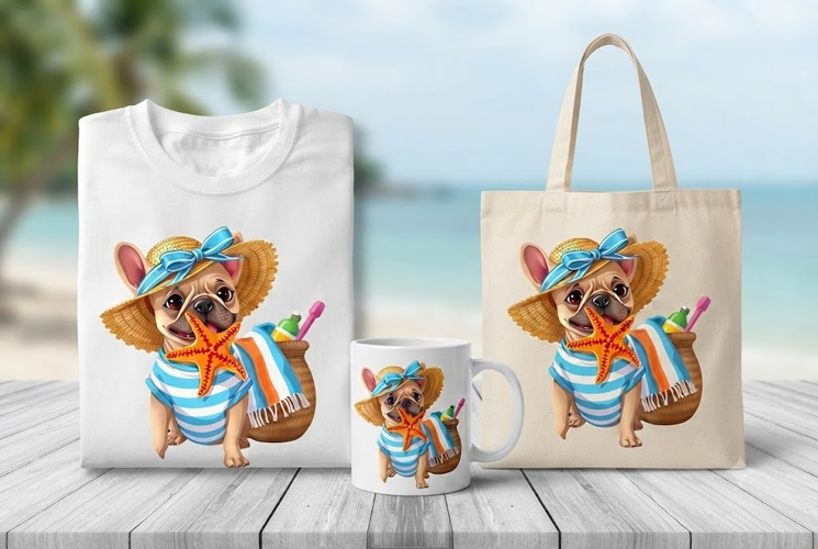 Cute French Bulldog Beach PNG Summer Dog Clipart Design