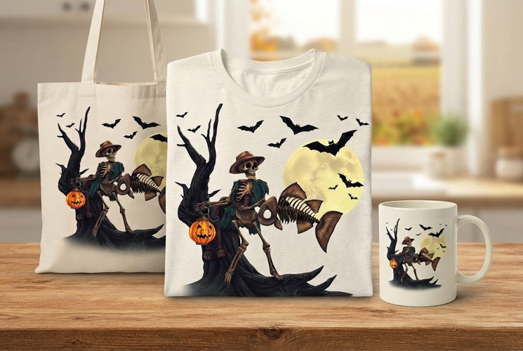 Spooky Skeleton Fishing Halloween Design with Pumpkin Lanter