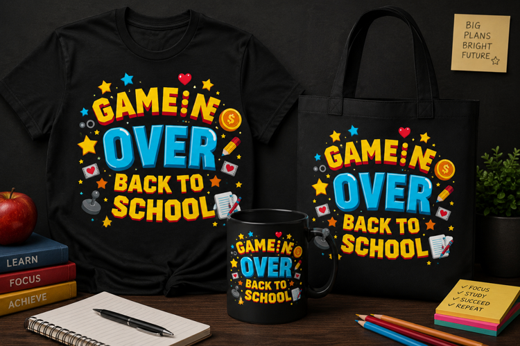 Game Over Back to School PNG, Funny Gamer School Design