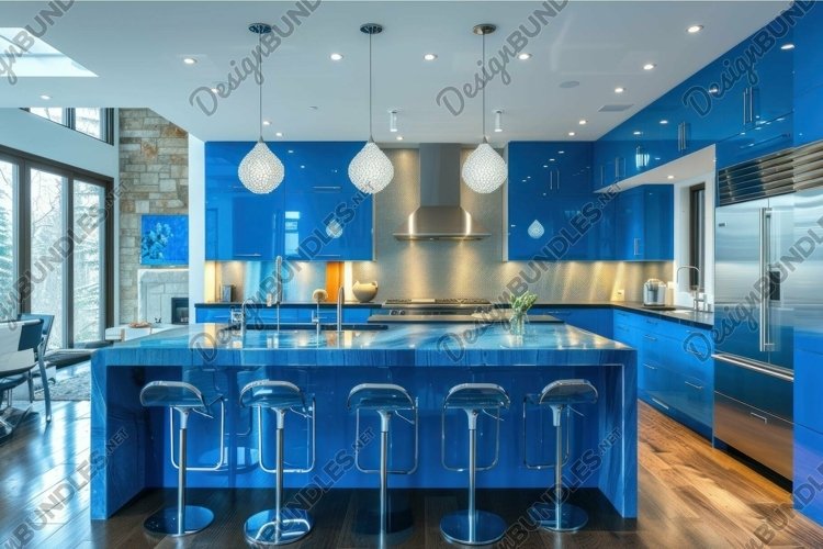 Modern kitchen interior with vibrant blue cabinets