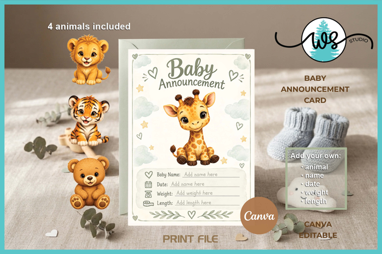 Canva Editable Baby Animals Birth Announcement Card Template
