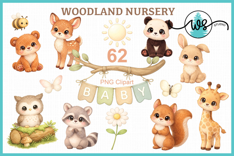 Baby Animal Clipart Bundle, Woodland Nursery PNG Set