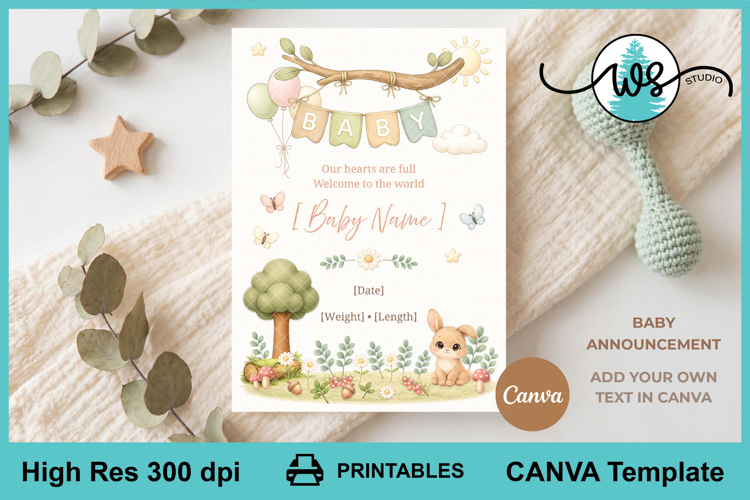 Woodland Baby Announcement Template 5x7 Canva Editable