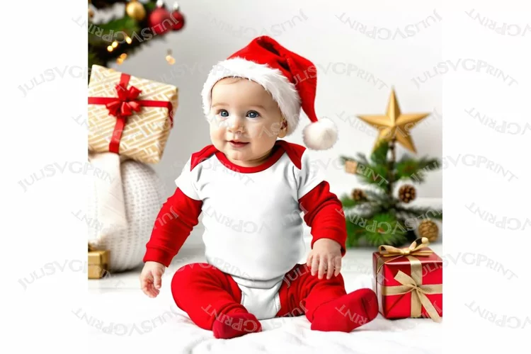 Christmas Baby Bodysuit Mockup White Infant Romper model jpg