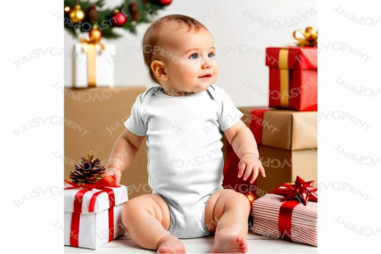 White Infant Romper model Christmas Baby Bodysuit Mockup jpg