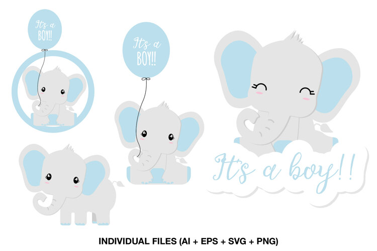 Four pastel baby boy elephant illustrations with balloons and It’s a Boy lettering
