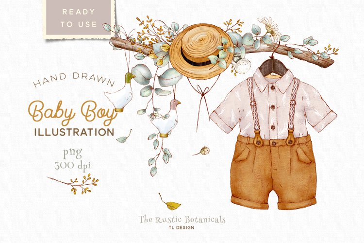 Hand drawn Boy’s clothes, summer straw hat and flowers