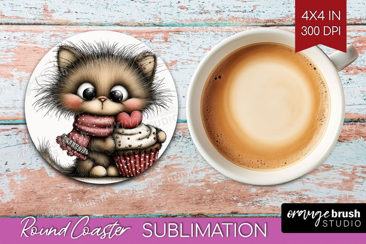 Baby Cat Valentine Round Coaster Whimsical Animal Coaster