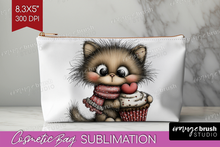 Baby Cat Valentine Cosmetic Bag Whimsical Animal Makeup Bag