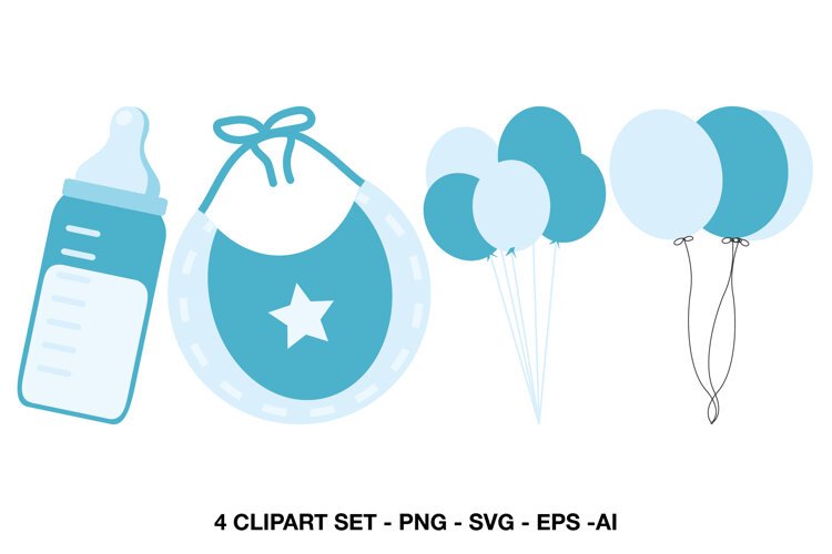 Four baby clipart illustrations with bottle, star bib and two blue balloon arrangements
