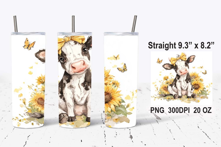 Watercolor Baby Cow Coquette Bow Tumbler Wrap, Cow PNG