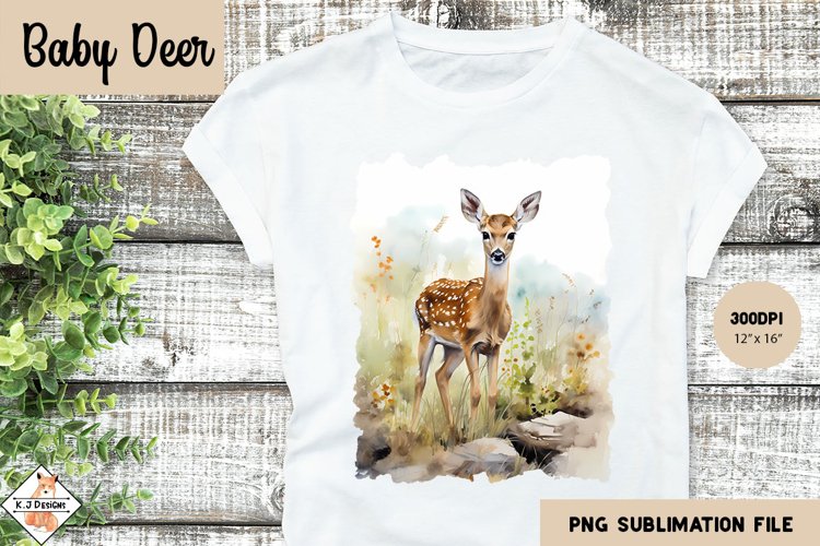 Baby Deer Watercolor Sublimation Design PNG example image 1