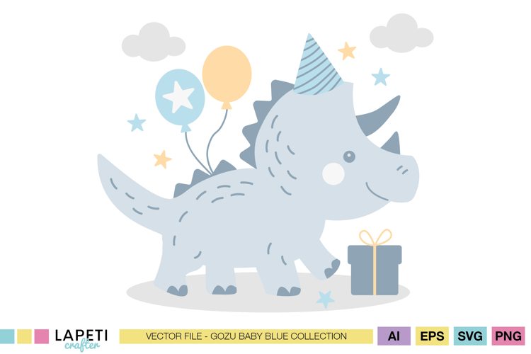 Baby Dinosaur Birthday Clipart, Blue Triceratops with Balloo
