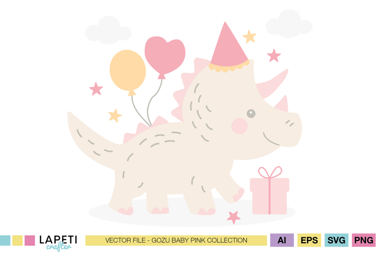 Cute Pink Dino Birthday Illustration, Baby Triceratops Party