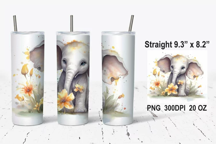 Baby Elephant Watercolor Tumbler Wrap, Elephant Tumbler Wrap