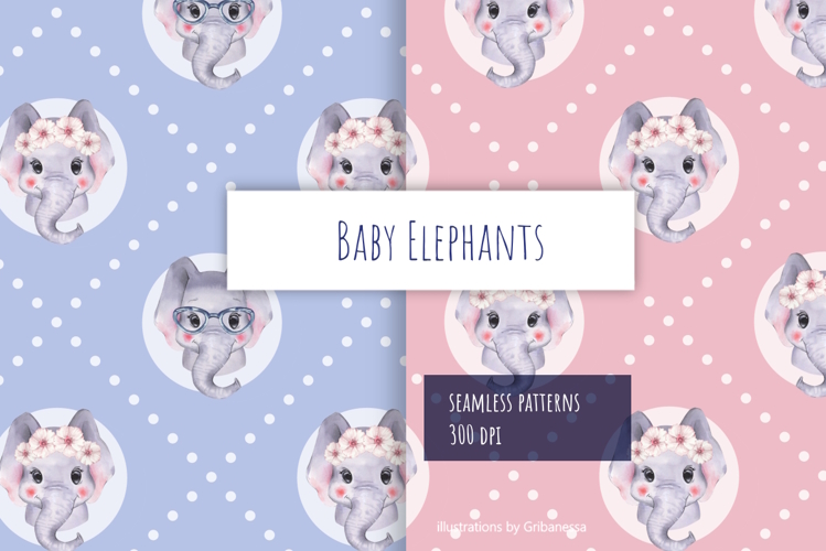 Watercolor Baby Elephant Seamless Patterns